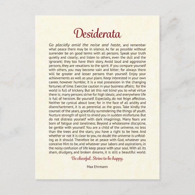 Tarjeta postal de Desiderata | Arte mini Desiderat (Anverso)