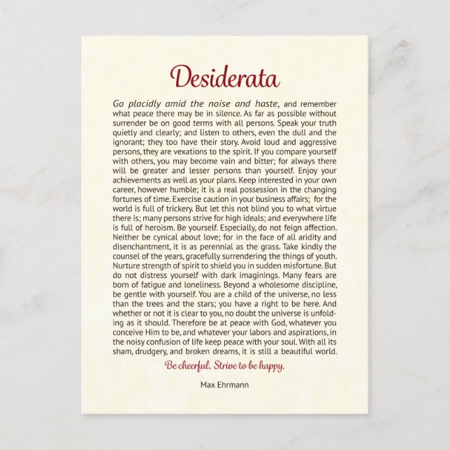 Tarjeta postal de Desiderata | Arte mini Desiderat (Anverso)