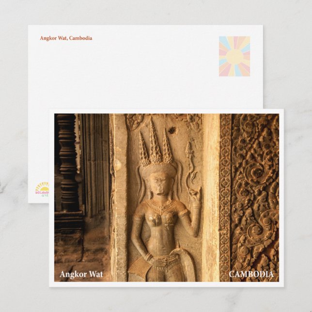 Tarjeta postal de detalle arquitectónico de Angkor (Anverso / Reverso)