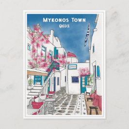 Tarjeta postal de dibujo de viaje de Mykonos Town 