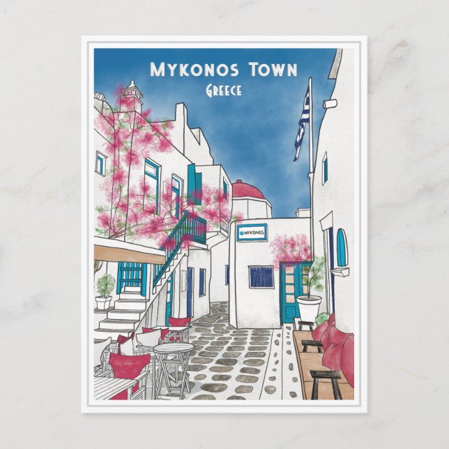 Tarjeta postal de dibujo de viaje de Mykonos Town  (Anverso)
