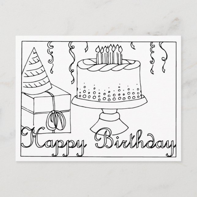 Tarjeta postal de dibujo lineal de feliz cumpleaño (Anverso)