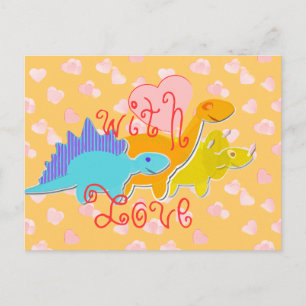 Tarjeta postal de dinosaurios corazones dulces con