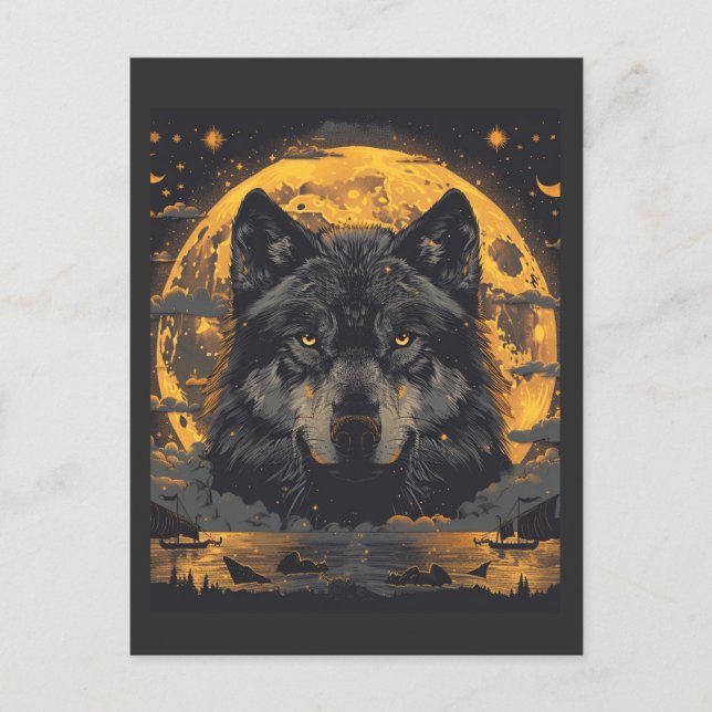 Tarjeta postal de diseño de lobo con estrellas de  (Anverso)