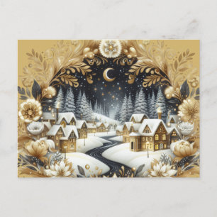 Tarjeta postal de diseño dorado y negro de pueblo