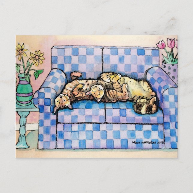 Tarjeta postal de dos gatos atigrados durmiendo (Anverso)