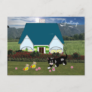 Tarjeta postal de escena de casas con animales