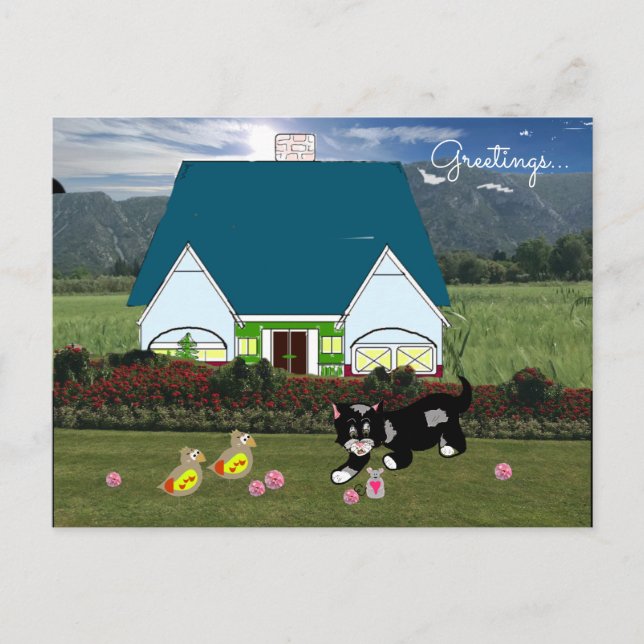Tarjeta postal de escena de casas con animales (Anverso)