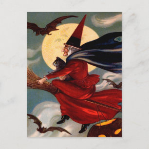 Tarjeta postal de escoba de bruja de Halloween Ret