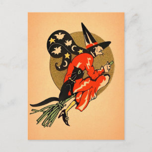 Tarjeta postal de escoba de bruja de Halloween Ret