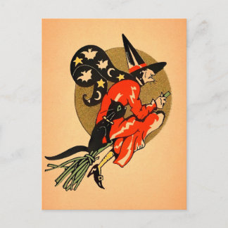 Tarjeta postal de escoba de bruja de Halloween Ret