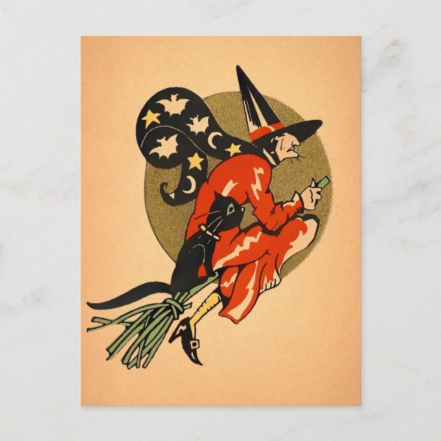 Tarjeta postal de escoba de bruja de Halloween Ret (Anverso)