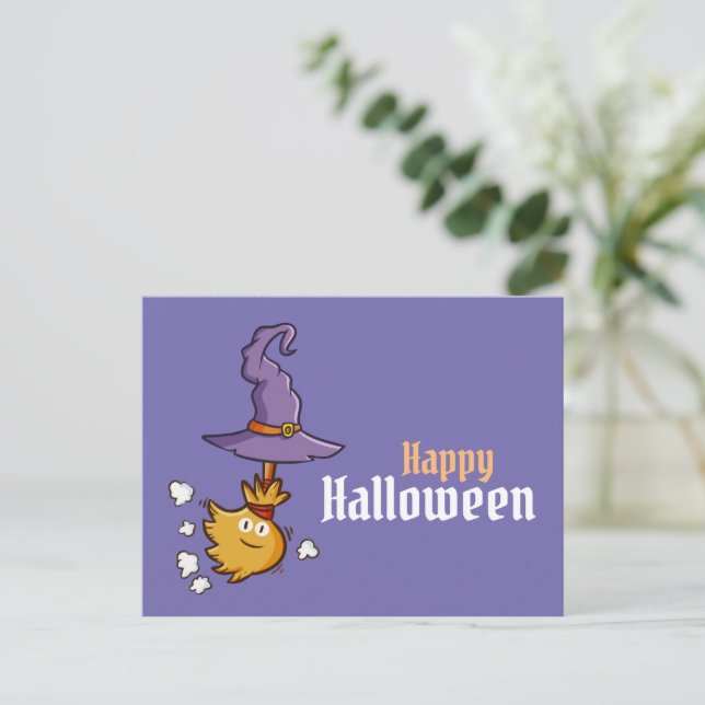 Tarjeta postal de escoba de Halloween editable y l (Anverso de pie)