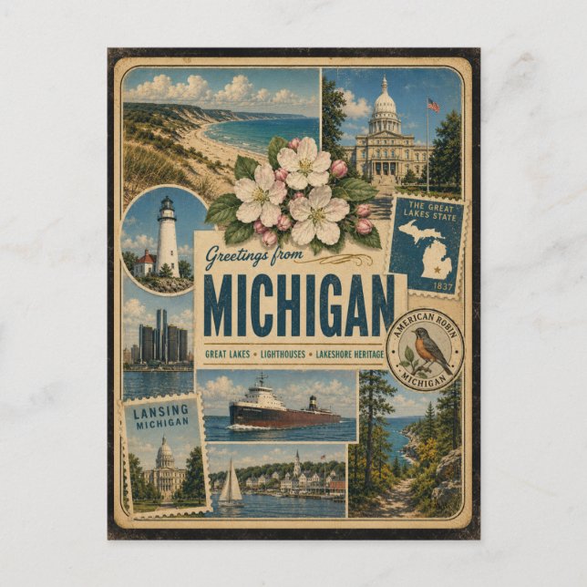 Tarjeta postal de estilo vintage auténtico de Mich (Anverso)