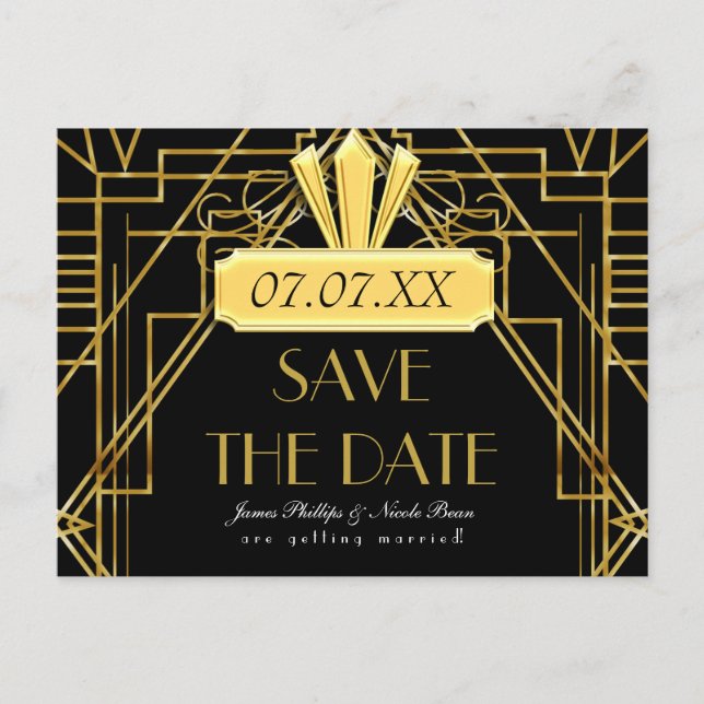 Tarjeta postal de evento Gatsby dorado y negro Art (Anverso)