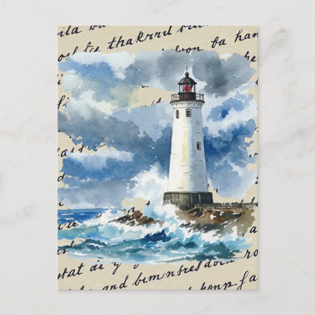 Tarjeta postal de faro tormenta océano (Anverso)