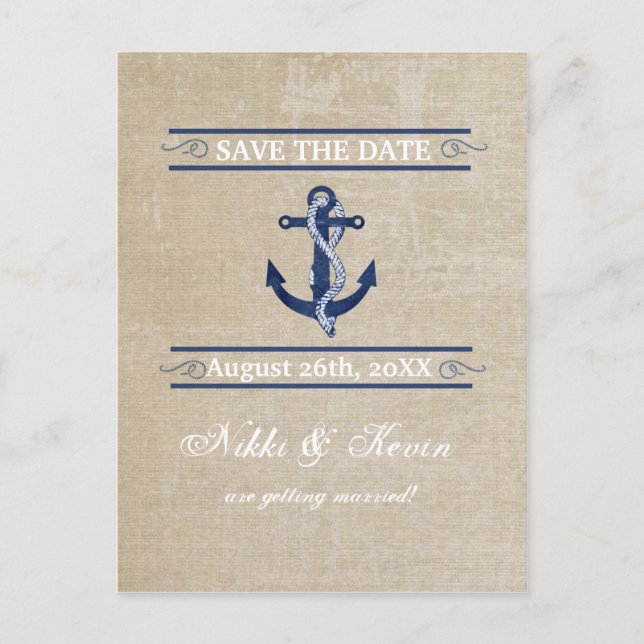 Tarjeta postal de fecha de guardado de boda náutic (Anverso)