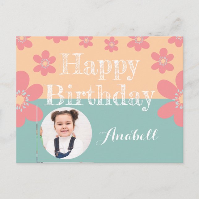 Tarjeta postal de Feliz Cumpleaños floral con foto (Anverso)