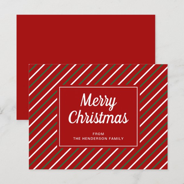 Tarjeta postal de Feliz Navidad con rayas rojas y  (Anverso / Reverso)