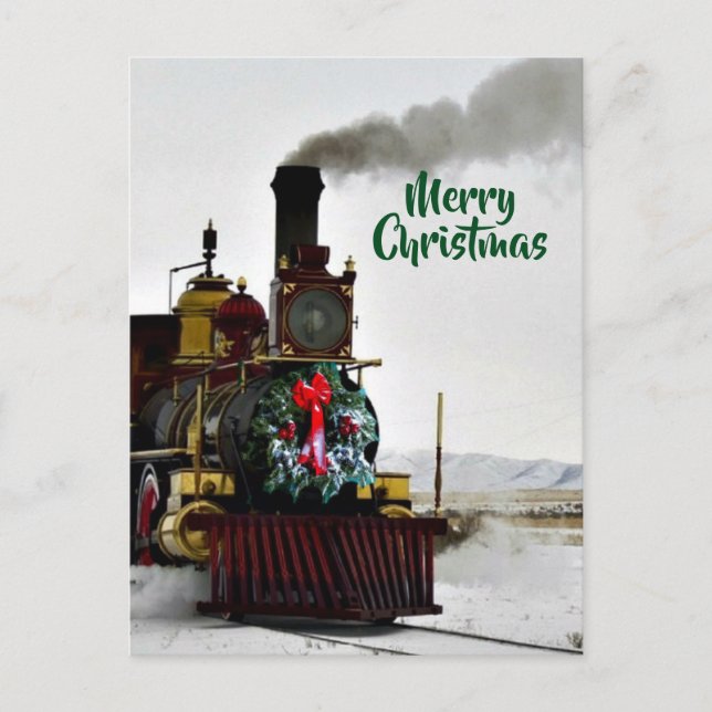 Tarjeta postal de Feliz Navidad con tren (Anverso)
