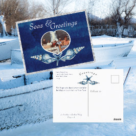 Tarjeta postal de feriado de mar y saludos con tem