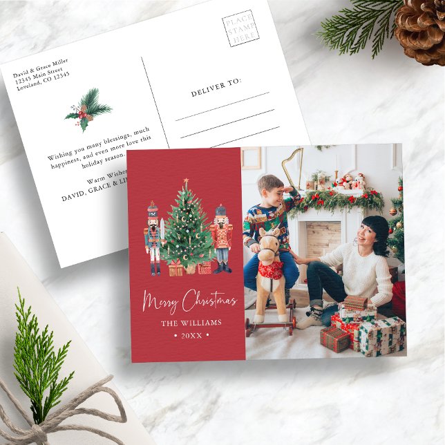 Tarjeta postal de festividad para Navidades rojos (Red Nutcracker Christmas Photo Holiday Postcard
)