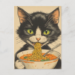 TARJETA POSTAL DE FIDEOS RAMEN DE GATO ESMOQUIN