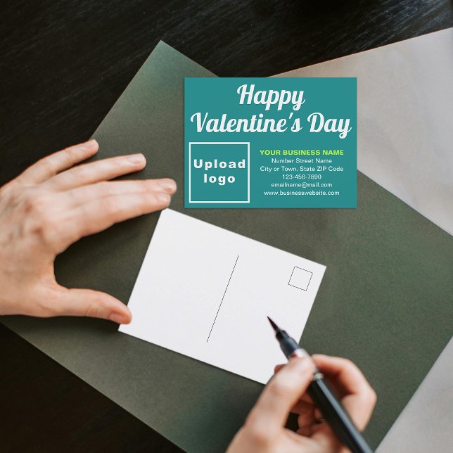 Tarjeta Postal de Fiesta de Negocios San Valentín  (Business Valentine teal green holiday postcard to advertise your business this Valentine's Day.)