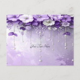 Tarjeta postal de flores púrpuras con perlas colga