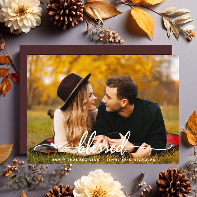 Tarjeta postal de foto con guión de agradecimiento (Thanksgiving Blessed Script Photo Postcard)