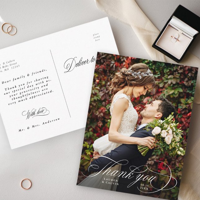 Tarjeta Postal de Foto de Boda con Caligrafía Blan (Front & Back)