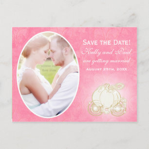 Tarjeta postal de foto de boda en carruaje rosa de