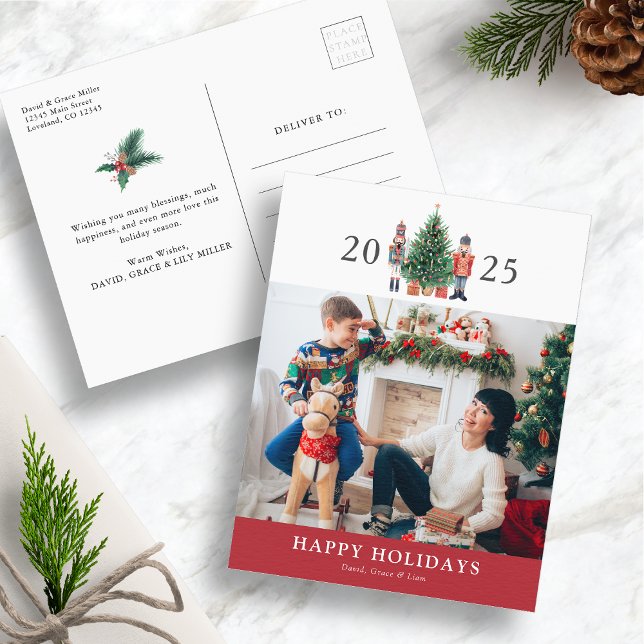 Tarjeta postal de foto de Felices Fiestas (Happy Holidays 2025 Nutcracker Red Photo Christmas Postcard by Painted Paperie)