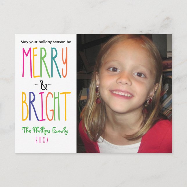 Tarjeta postal de foto de Navidad MERRY & BRIGHT (Anverso)
