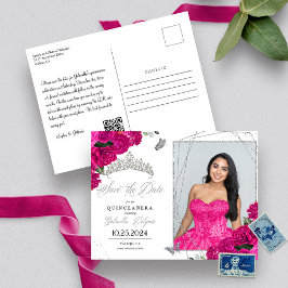 Tarjeta Postal de Foto de Quinceañera Fucsia y Pla
