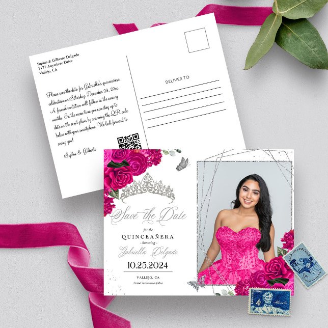 Tarjeta Postal de Foto de Quinceañera Fucsia y Pla (Subido por el creador)