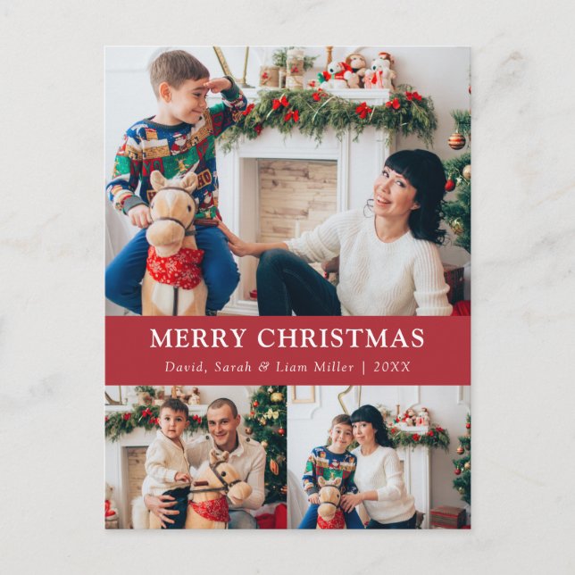 Tarjeta postal de fotocolage roja de Navidad alegr (Anverso)