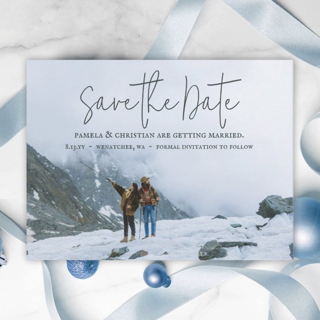 Tarjeta postal de fotos de la boda de invierno rús (simple wedding save the date card winter wedding elegant script calligraphy minimalistic photo card)