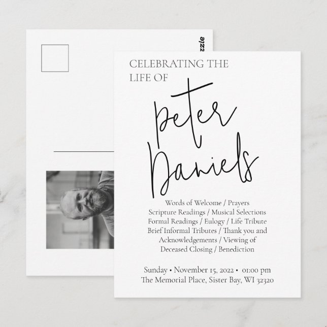 Tarjeta postal de funeral con foto en guión blanco (Anverso / Reverso)