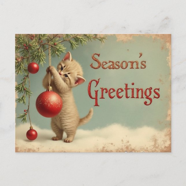 Tarjeta postal de gatito con saludo de temporada – (Anverso)