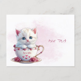 Tarjeta postal de gatito en flores rosadas en taza