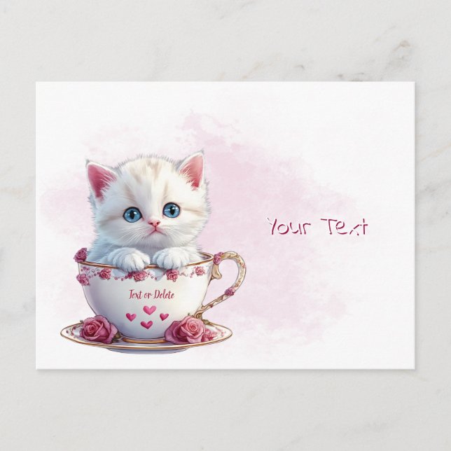 Tarjeta postal de gatito en flores rosadas en taza (Anverso)