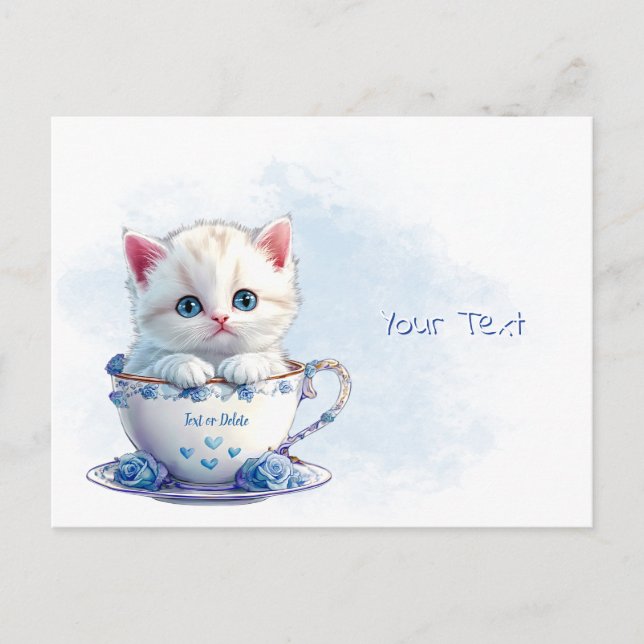 Tarjeta Postal de Gatito en Taza Flores Azules (Anverso)