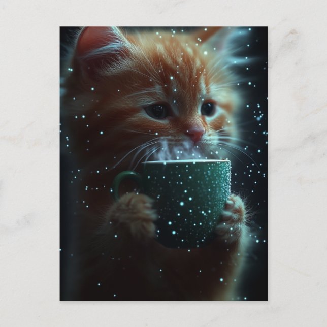 Tarjeta postal de gatito lindo disfrutando café (Anverso)