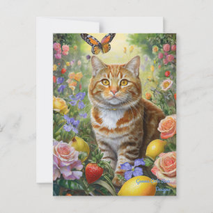 Tarjeta postal de gato atigrado con flores