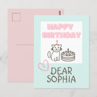 Tarjeta postal de gato azul cielo y rosa de cumple