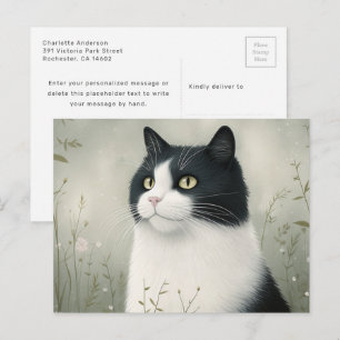 Tarjeta postal de gato blanco y negro