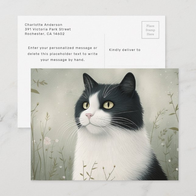 Tarjeta postal de gato blanco y negro (Anverso / Reverso)