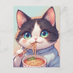 TARJETA POSTAL DE GATO COMIENDO FIDEOS RAMEN