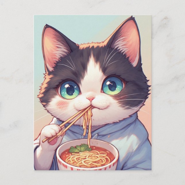 TARJETA POSTAL DE GATO COMIENDO FIDEOS RAMEN (Anverso)